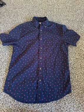 Old Navy Navy Short-Sleeve Button-Down Shirt with Pink Print